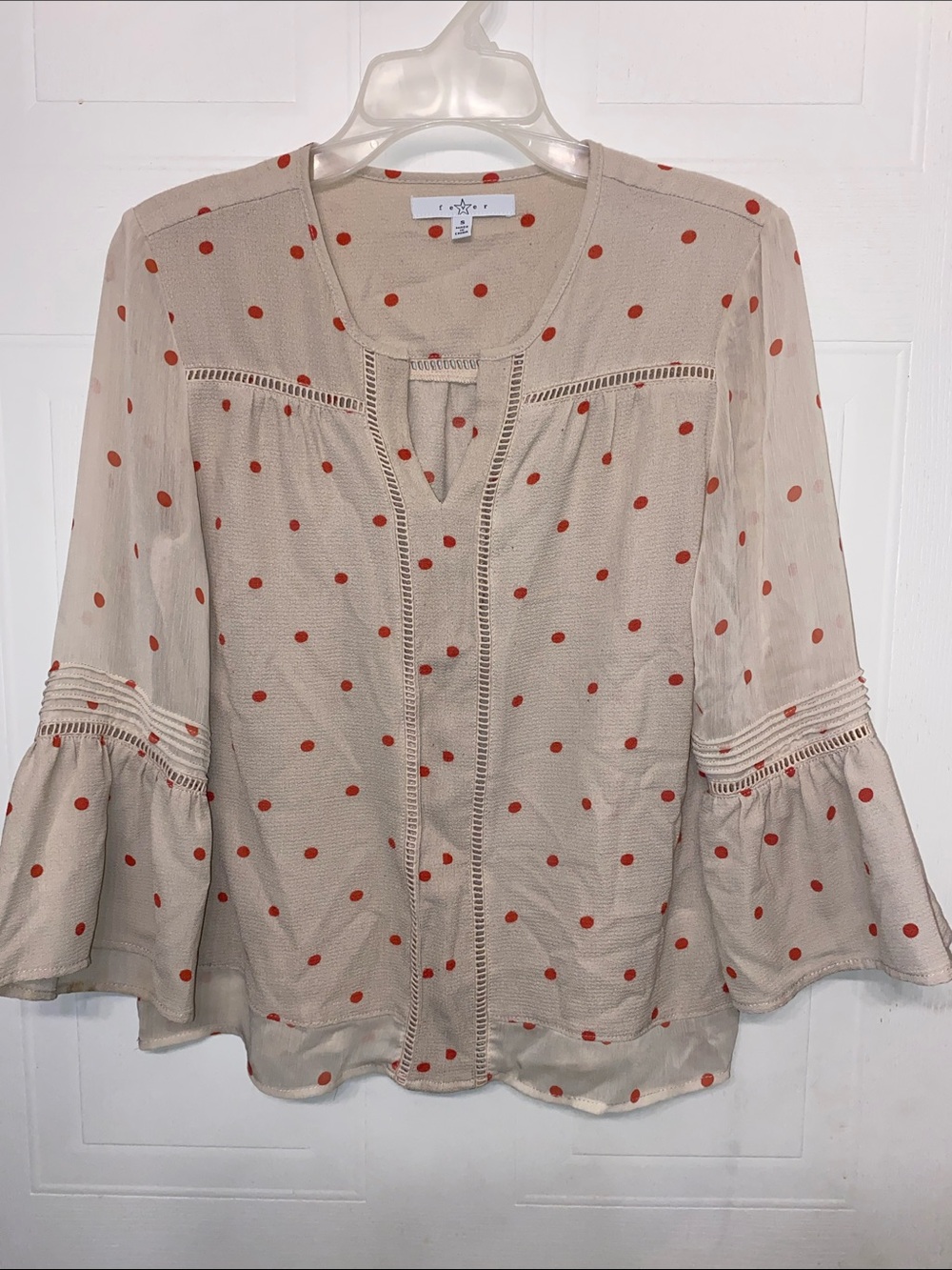 Fever Cream Blouse with Red Polka Dots and Ruffle Sleeves